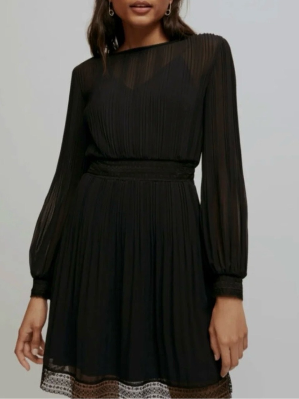 Maje Black Pleated Long-Sleeve Lace-Hem Dress